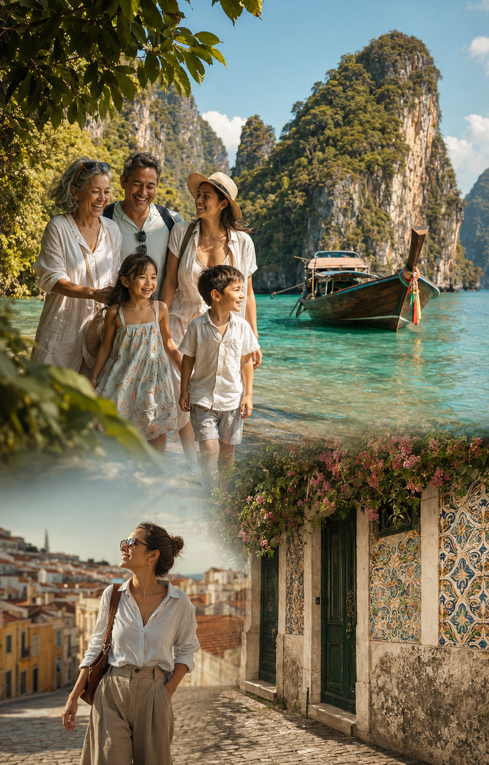 Família numa viagem tropical e viajante a solo numa cidade europeia